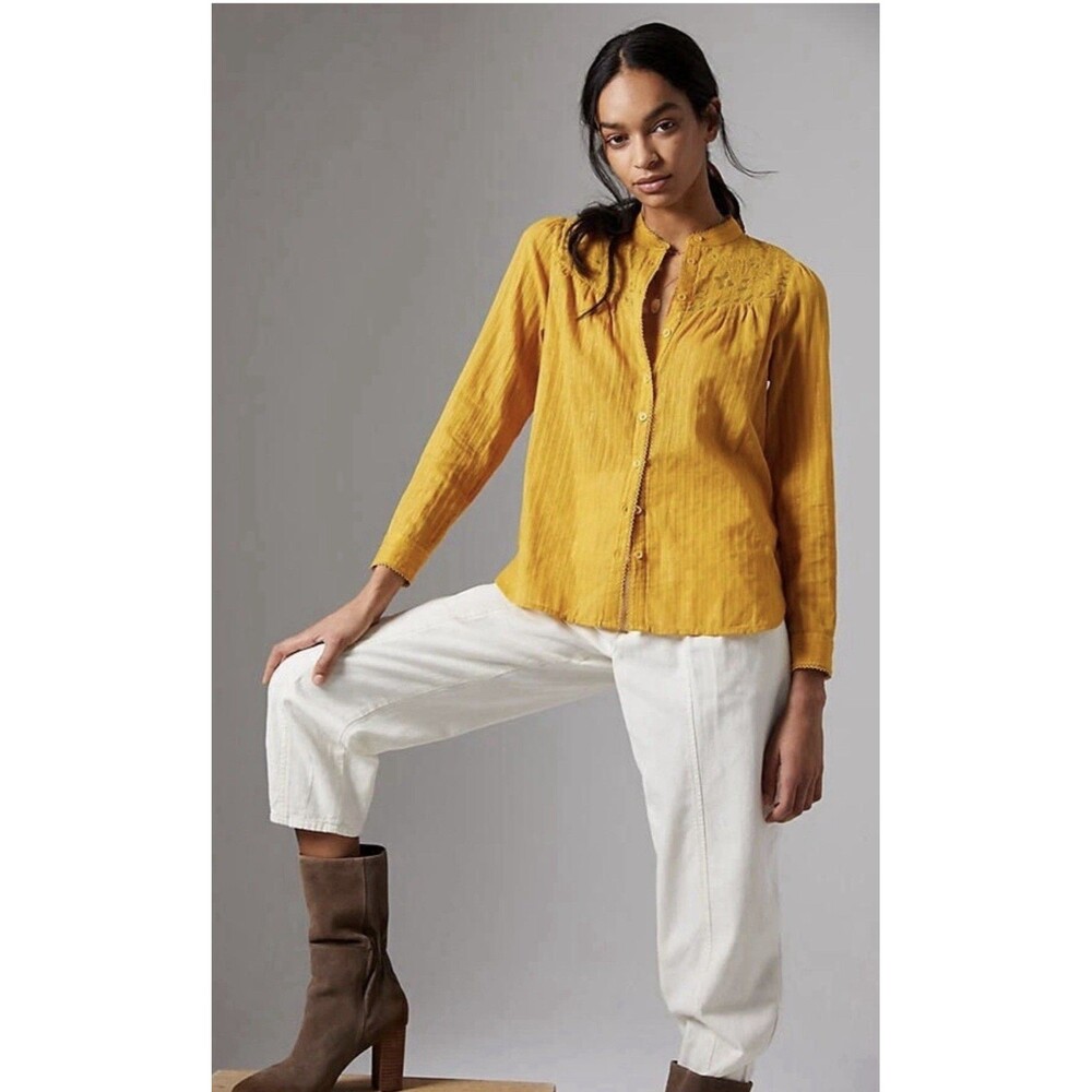 Anthropologie Golden Mustard Embroidered Button-Up Blouse